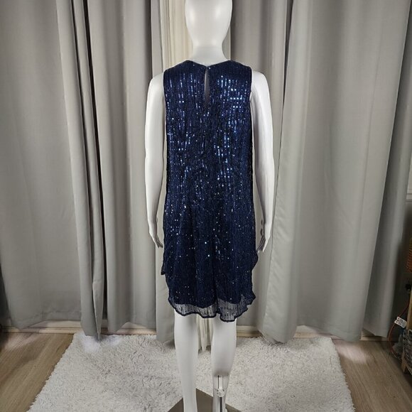 Leslie Fay Blue Sleeveless Double Keyhole Crew Neck Sequin Shirt Dress Size 8 - Picture 4 of 13